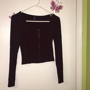 Burgundy and black long sleeve zip up top
